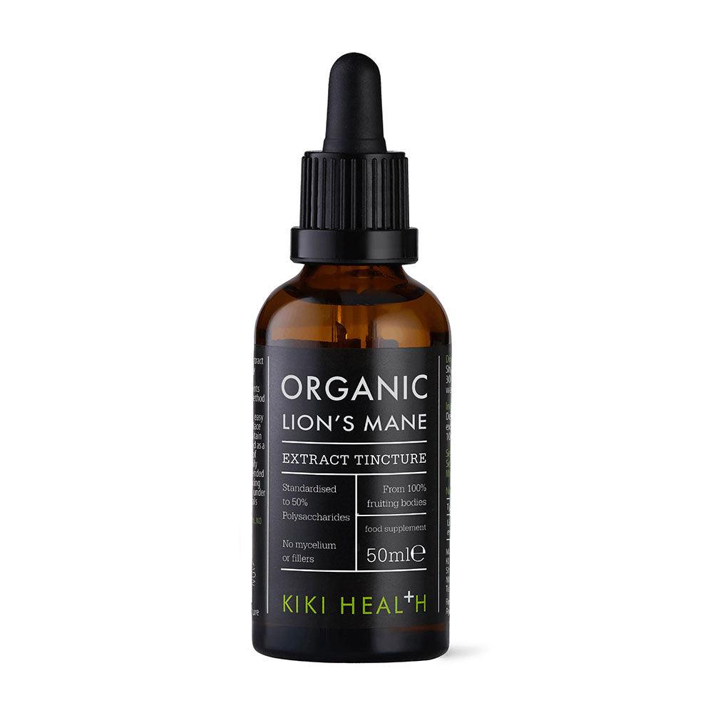 Herbalistas Kiki Health Organic Lions Mane Extract Tincture in 50ml bottle, showing the supplement packaging and dropper cap.
