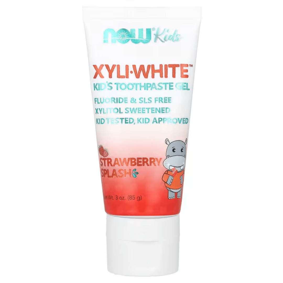 MKSTAVRINOS XyliWhite Kid's Strawberry Splash Toothpaste Gel in 3 oz tube, featuring colorful packaging and a child's smiling mouth.