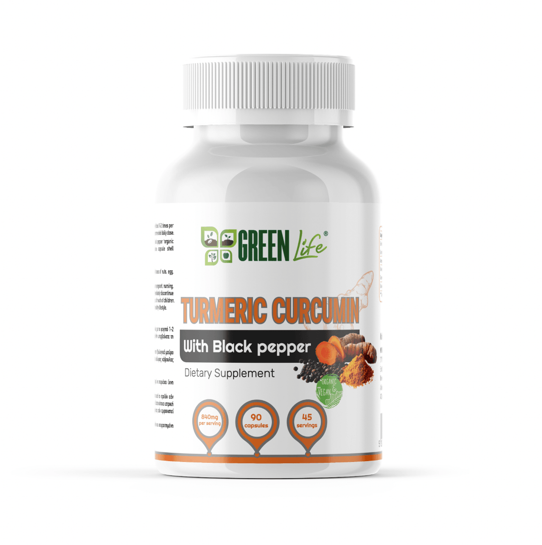 Green Life Cyprus organic turmeric curcumin with black pepper vegan capsules, 840mg per serving, 90 capsules in bottle