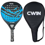 TEMU padel racket with carbon fiber face and soft EVA core, shown with paddle bag, ideal for tennis and pickleball play.