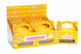 Box of 24 Satya Sandal Wood backflow dhoop cones by AW GIFTS, showcasing incense cones with sandalwood scent for aromatherapy.