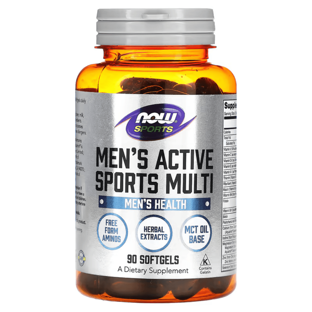 MKSTAVRINOS men's active sports multi supplement softgels by NOW Foods, designed to support active men's nutritional needs.