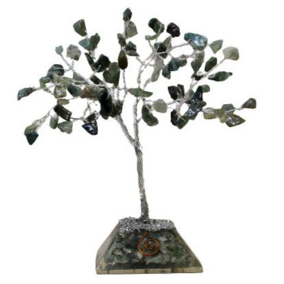 AW Gifts gemstone tree with moss agate stones on orgonite base, decorative accessory with 80 stones for positive energy and natural beauty.