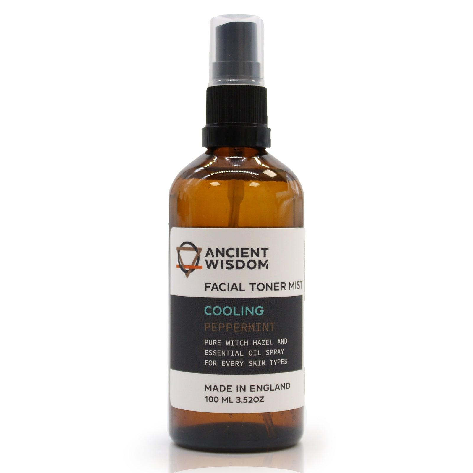 AW GIFTS Facial Toner Mist with Witch Hazel and Peppermint, 100ml, in a clear spray bottle for skin care and refreshing use.