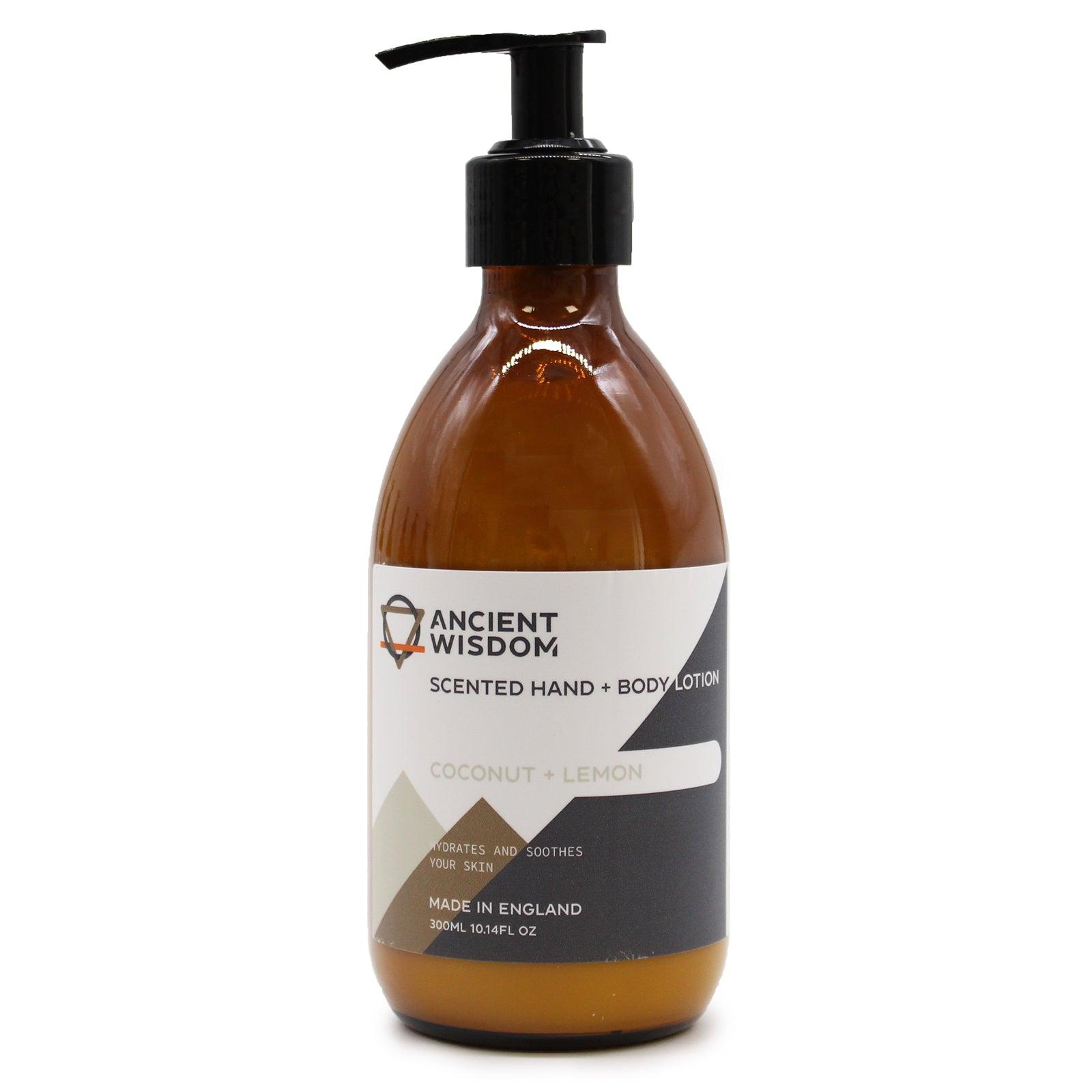 AW Gifts Coconut & Lemon Lotion in 300ml bottle, featuring a clear label with tropical coconut and lemon images for skin care.