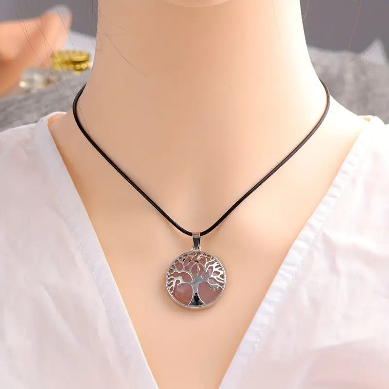 Tree Of Life Design Natural Stone Pendant, Energy Stone Crystal Chakra Necklace For Women & Men