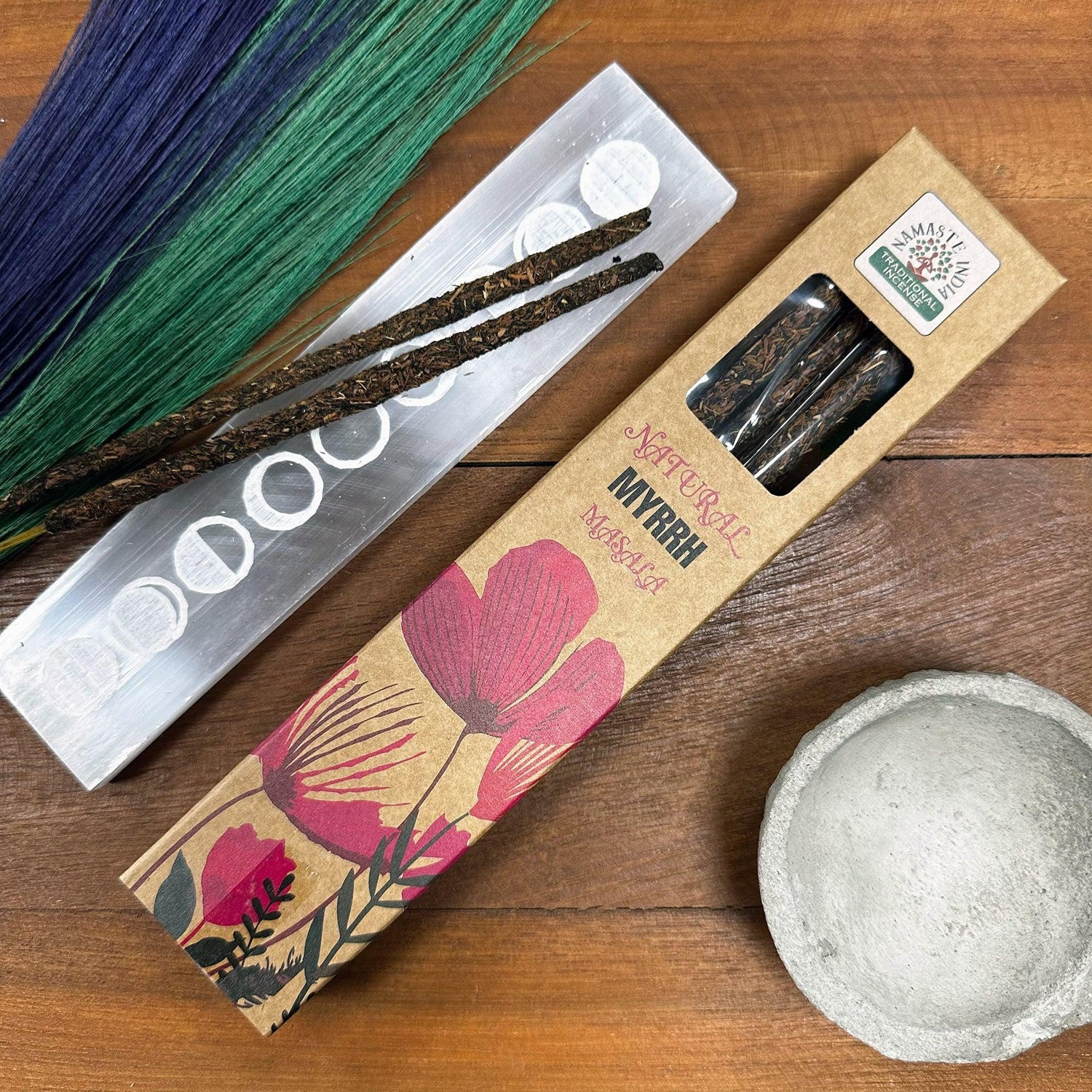 AW GIFTS natural botanical masala incense sticks with myrrh aroma, showcasing the accessory packaging and incense bundle.