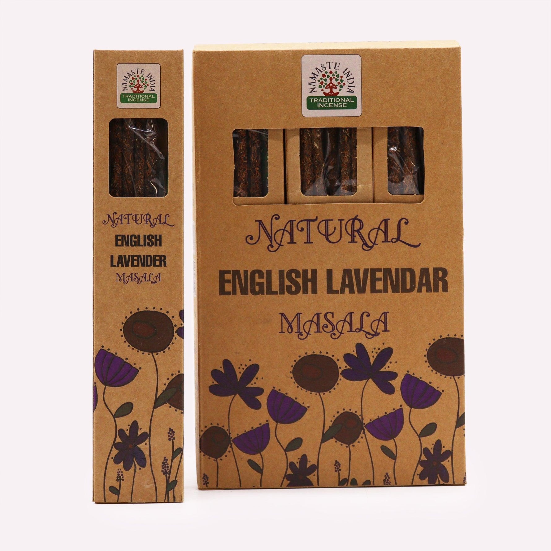 AW Gifts Natural Botanical Masala Incense in English Lavender scent, showcasing the fragrant incense sticks and packaging.