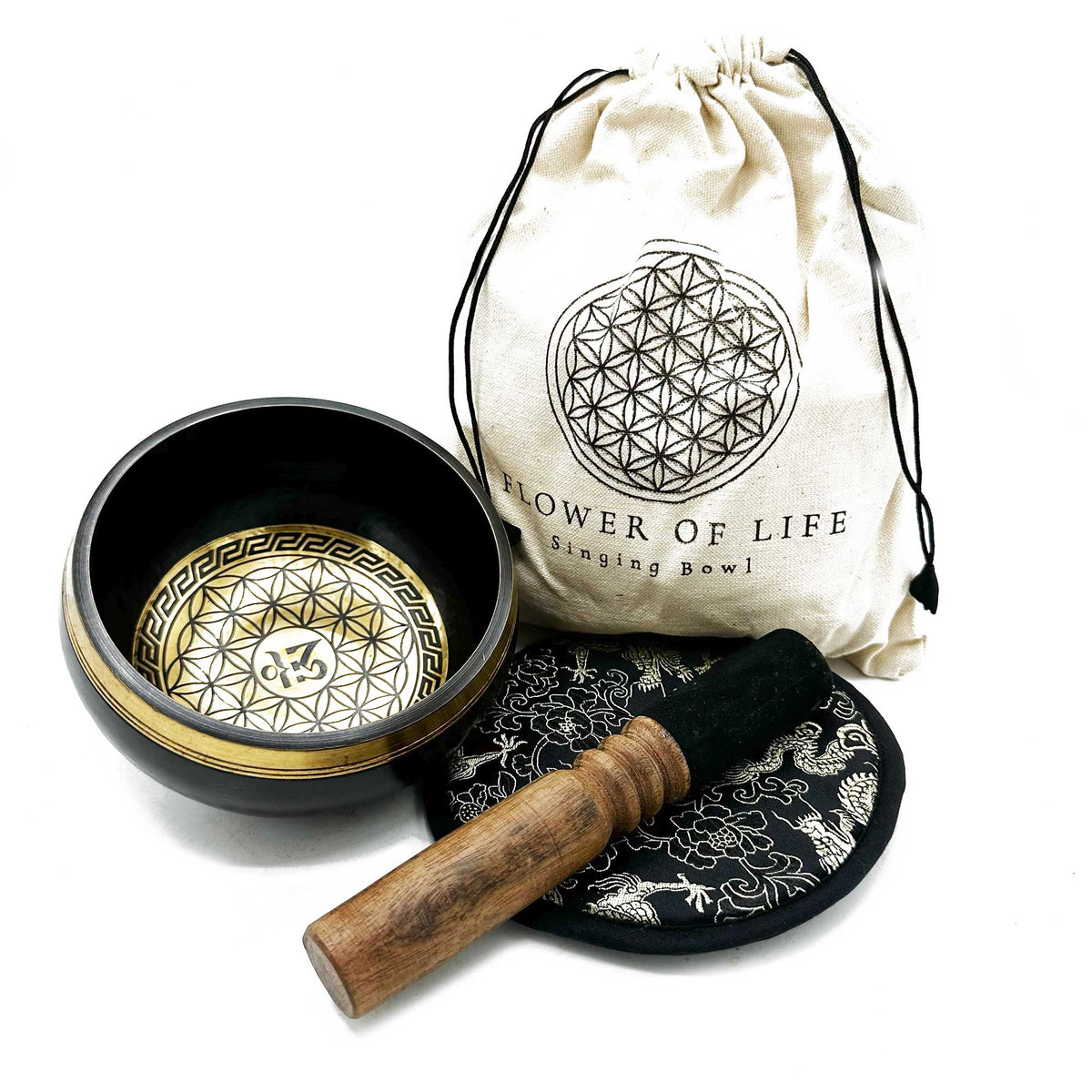 Hand-beaten and engraved 14cm Flower of Life singing bowl gift set by AW GIFTS, featuring intricate floral design.