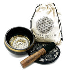 Hand-beaten and engraved 14cm Flower of Life singing bowl gift set by AW GIFTS, featuring intricate floral design.