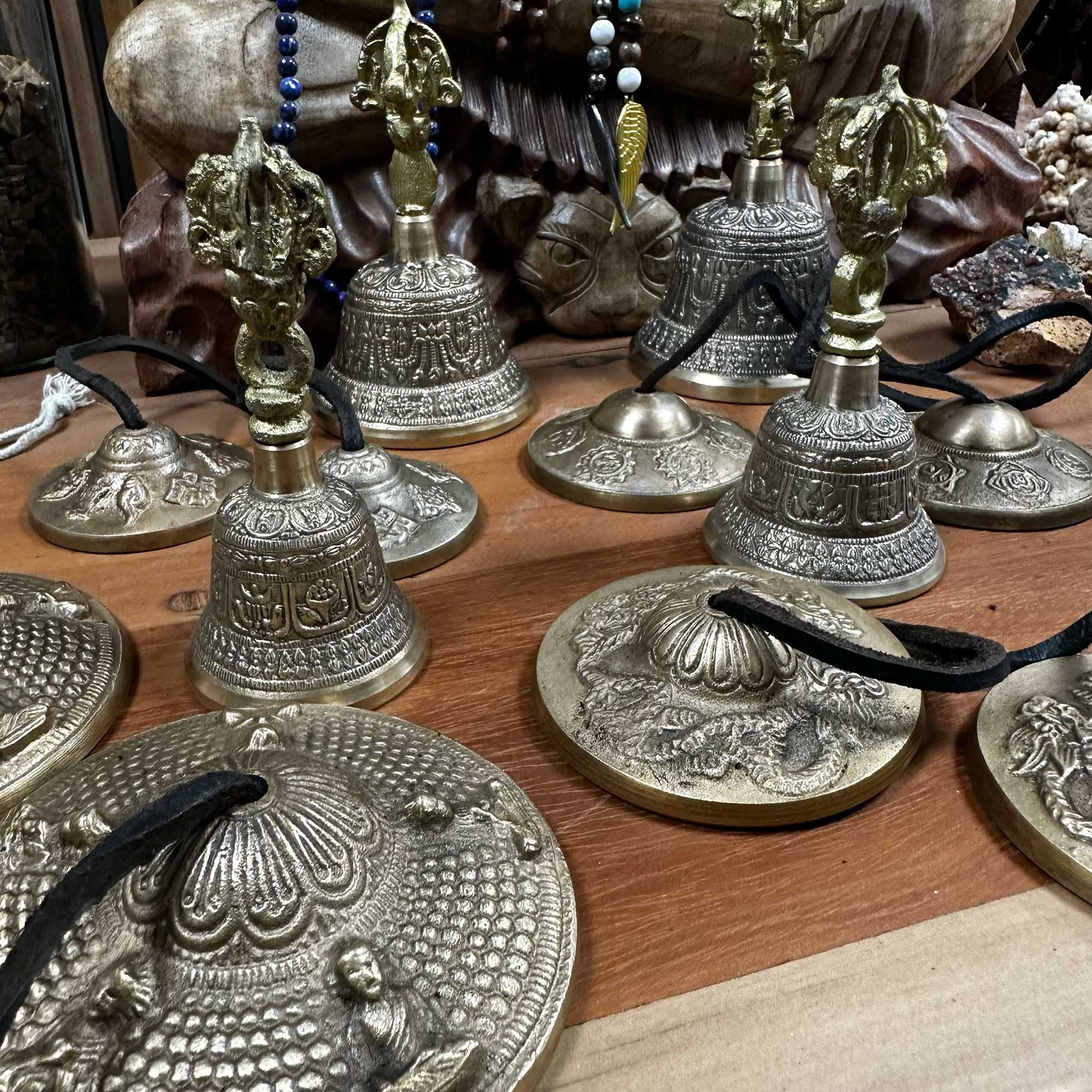 Tibetan Tingsha bell with Five Buddha design, approximately 9.5cm, from AW Gifts, a spiritual accessories item with intricate details.