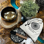 Hand-beaten and engraved AW GIFTS singing bowl gift set with round medallions, 14cm diameter, crafted as a soothing accessory.