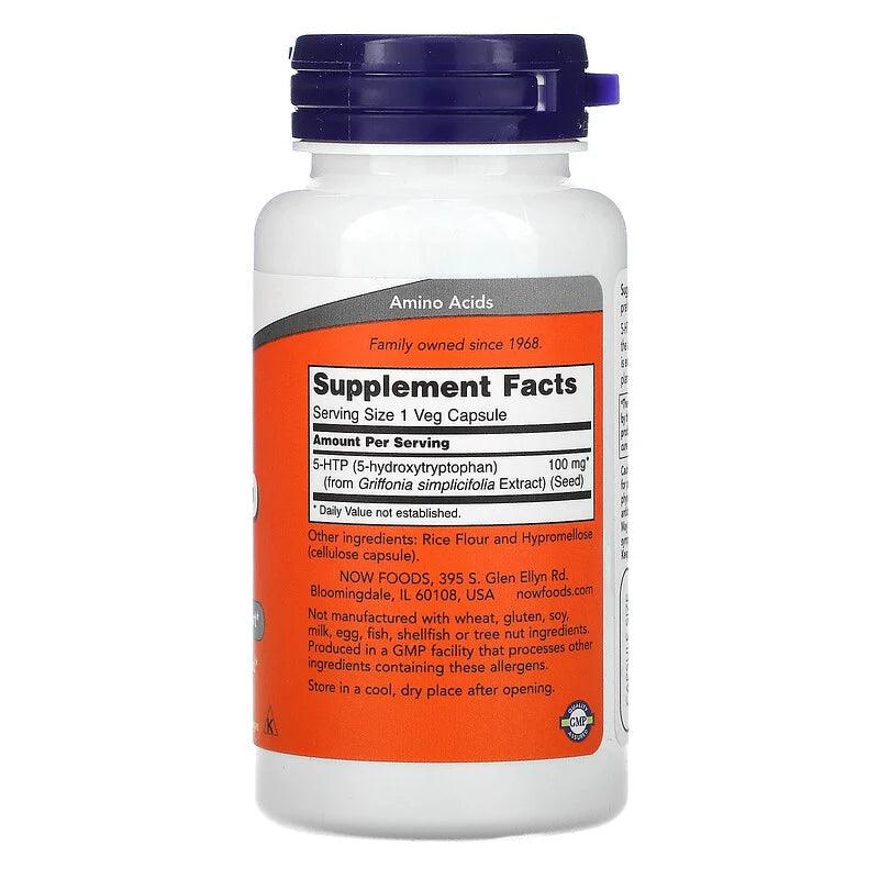 MKSTAVRINOS NOW Foods 5-HTP supplement in 60 vegetarian capsules, containing 100 mg of serotonin support.