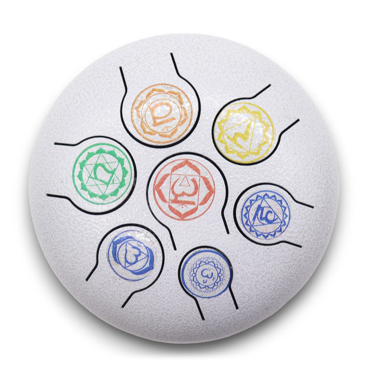 Steel tongue drum with 7 chakra symbols, 18cm diameter, by AW Gifts, designed as a spiritual music accessory.