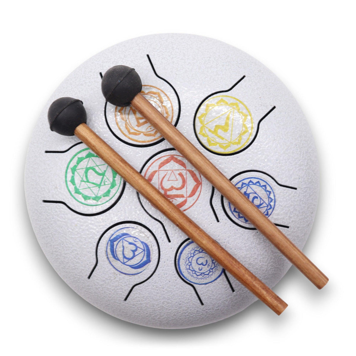 Steel tongue drum with 7 chakras, 18cm, from AW Gifts, showcasing the colorful, circular design and polished metal surface.