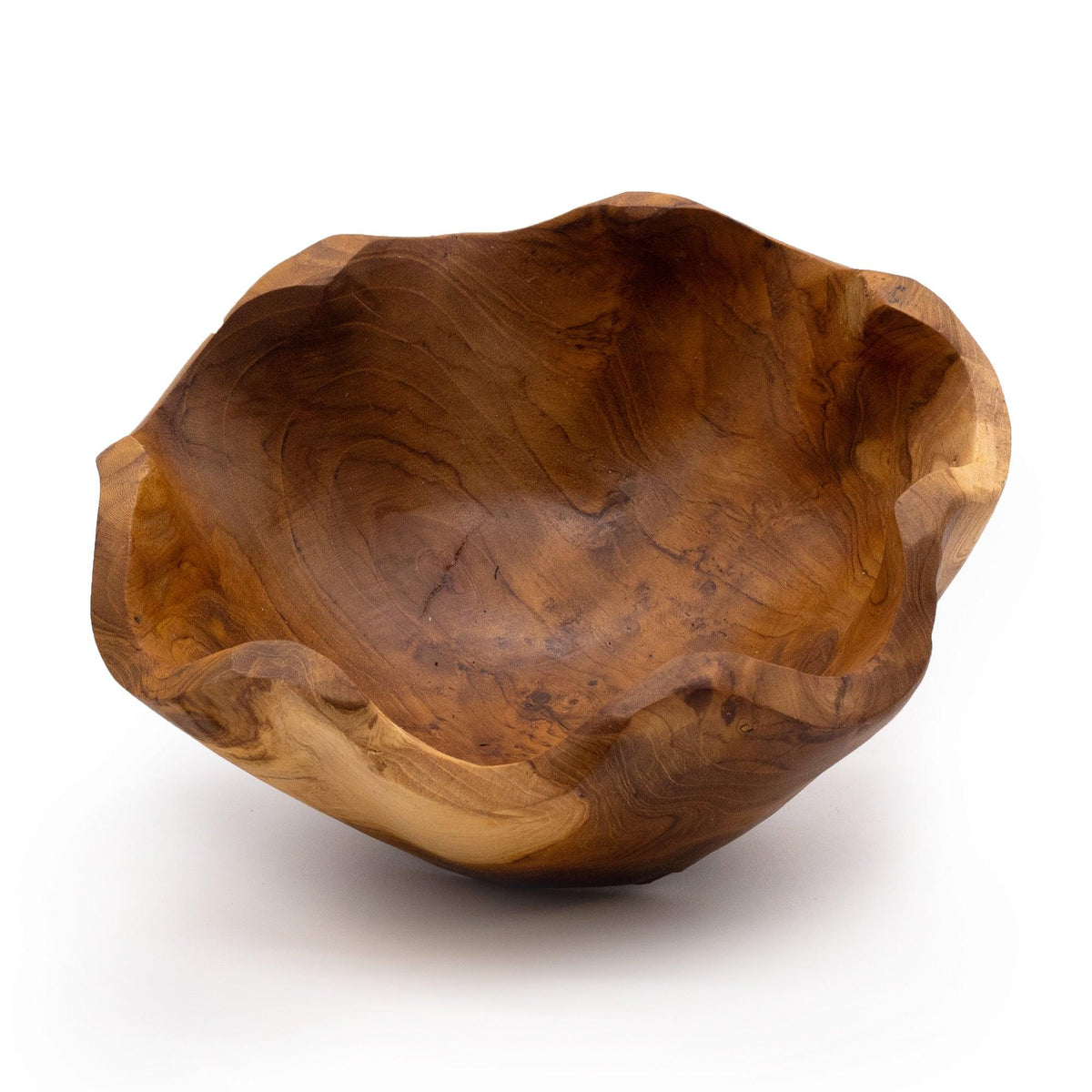 Medium smooth teakwood fruit bowl by AW GIFTS, 21x9cm, showcasing a sleek, natural wood finish and rounded shape.