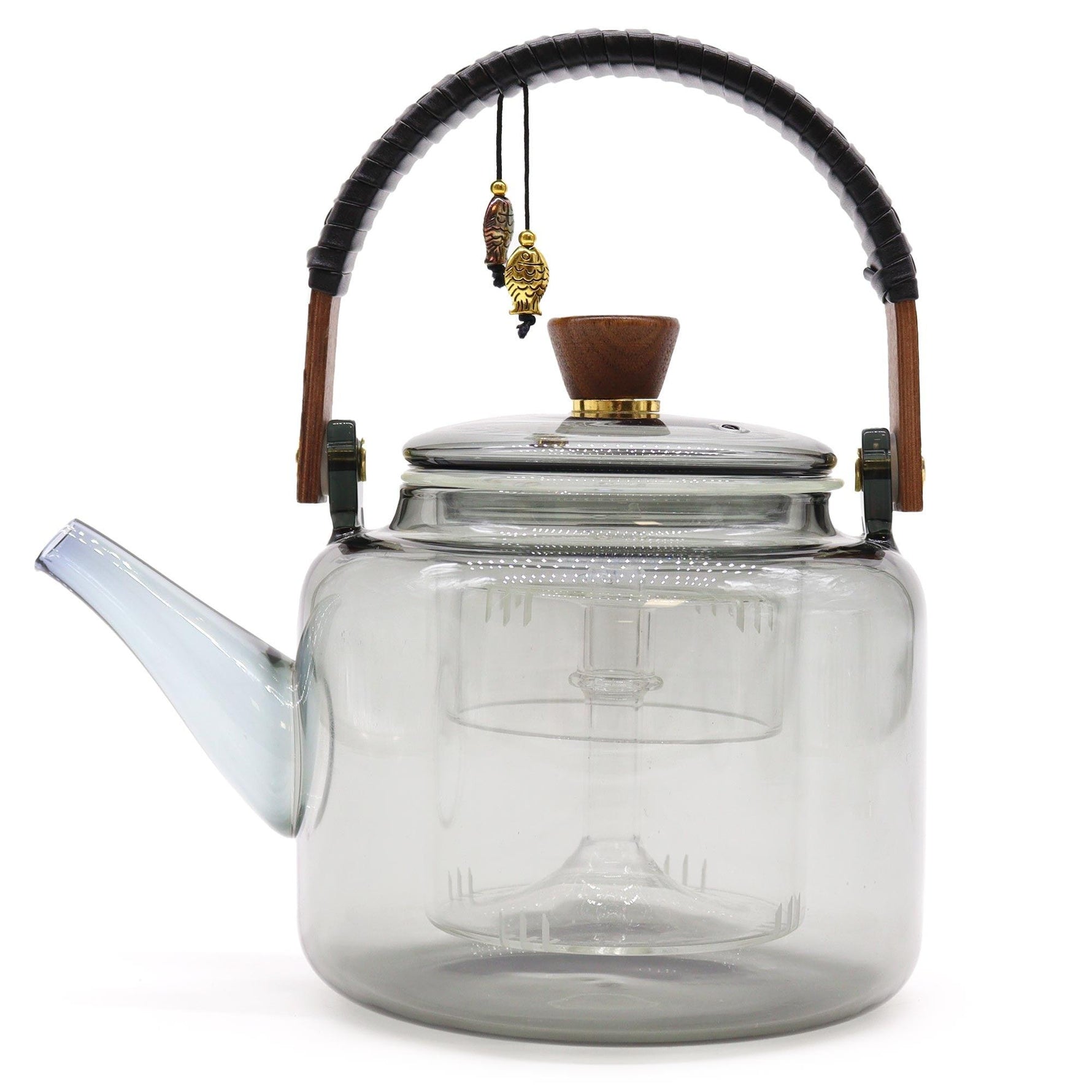 Glass infuser teapot with steamer system in charcoal color, 1000ml capacity, perfect for brewing loose leaf tea.