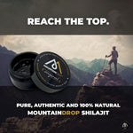 Herbalistas MountainDrop Original 100% pure natural Mumijo Shilajit resin in 40g jar, close-up of resin texture and packaging
