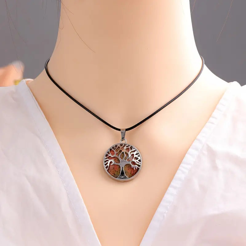 Tree Of Life Design Natural Stone Pendant, Energy Stone Crystal Chakra Necklace For Women & Men