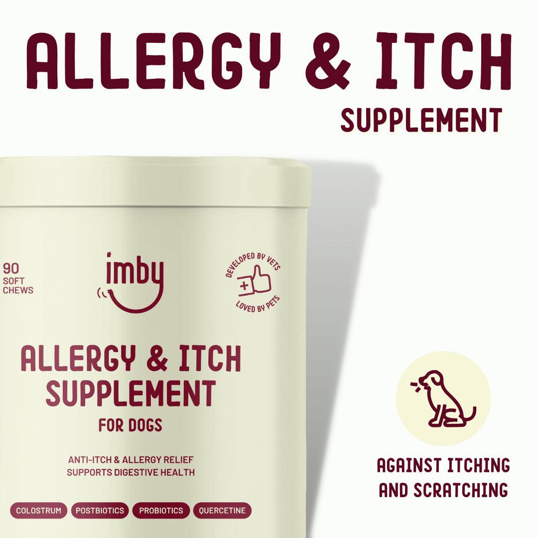 IMBY Allergy & Itch pet supplement in a bottle, featuring chewable tablets for pet allergy relief and skin comfort.