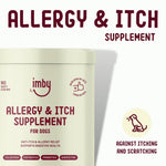 IMBY Allergy & Itch pet supplement in a bottle, featuring chewable tablets for pet allergy relief and skin comfort.