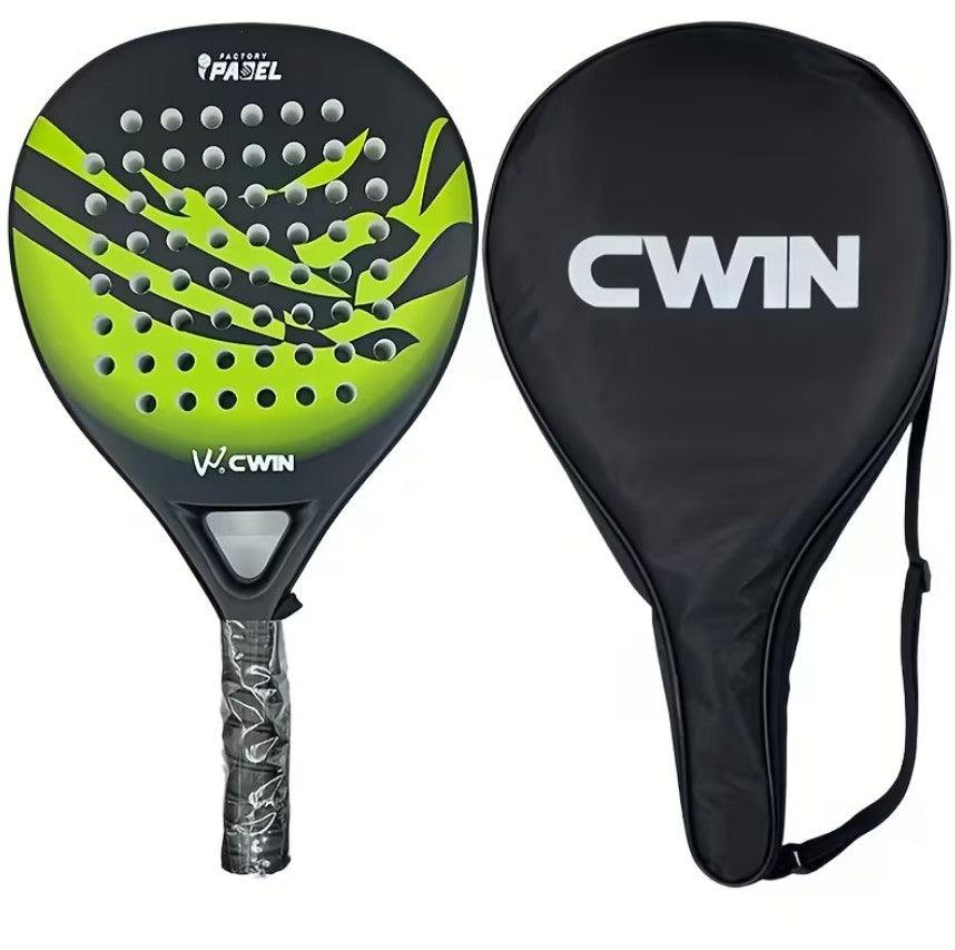 TEMU padel racket with carbon fiber face and soft EVA core, shown with paddle bag, designed for tennis and fitness play.