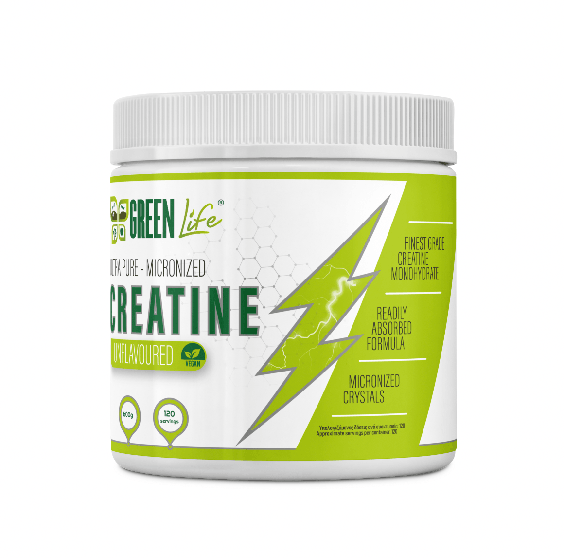 Green Life Ultra Pure Micronized Creatine Monohydrate in 600g unflavored vegan powder, shown in a resealable bag.