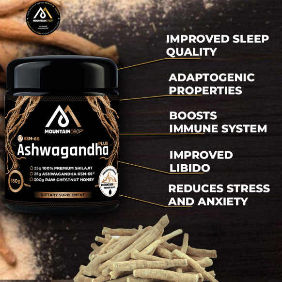 Mountain Drop, Shilajit 25g Μίγμα με Ashwagandha &amp; ωμό μέλι κάστανου, 350g 