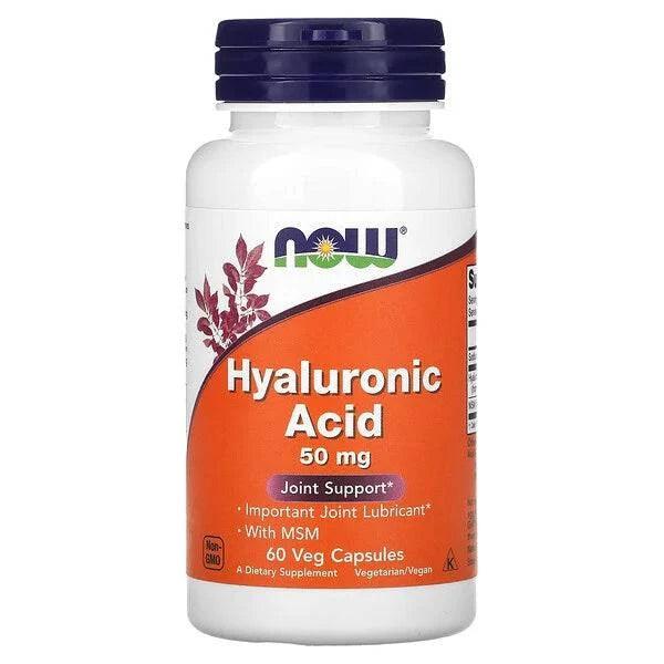 MKSTAVRINOS NOW Foods hyaluronic acid supplement bottle with 60 vegan capsules, designed for skin hydration and joint support