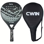 TEMU padel racket with carbon fiber face and soft EVA core, shown with paddle bag for tennis and fitness training.