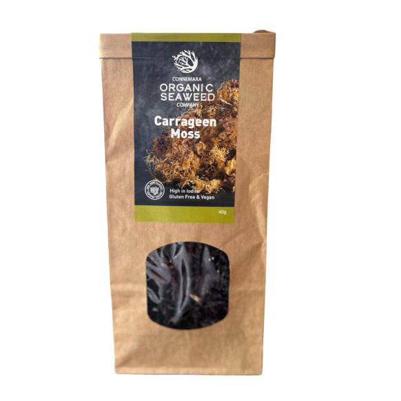 Old Products BIO Connemara sun-dried purple Irish carrageen moss in a 40g package, showcasing dried purple seaweed for health and culinary use.