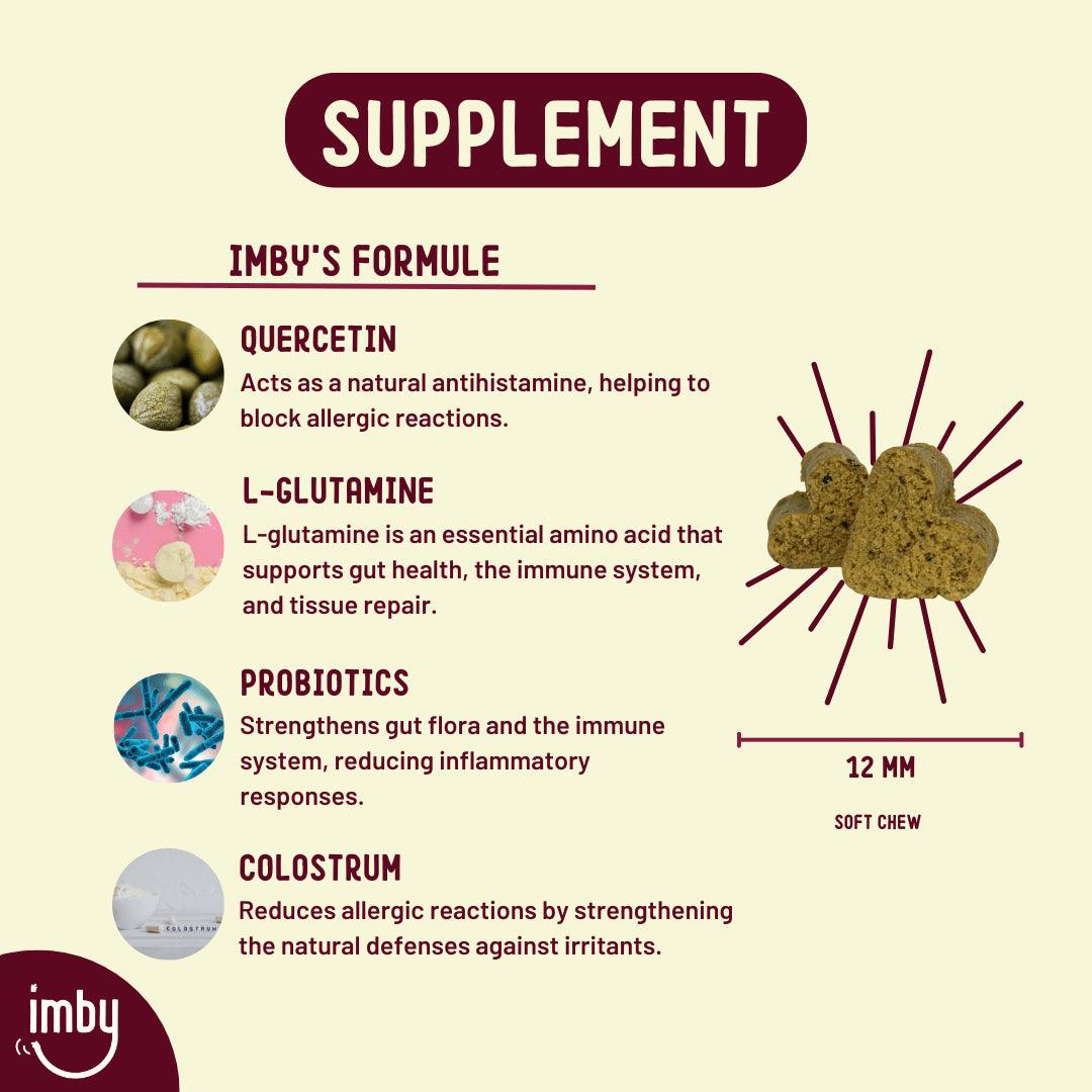 IMBY allergy and itch pet supplement bottle with label, designed for improving pet skin health and reducing allergies.
