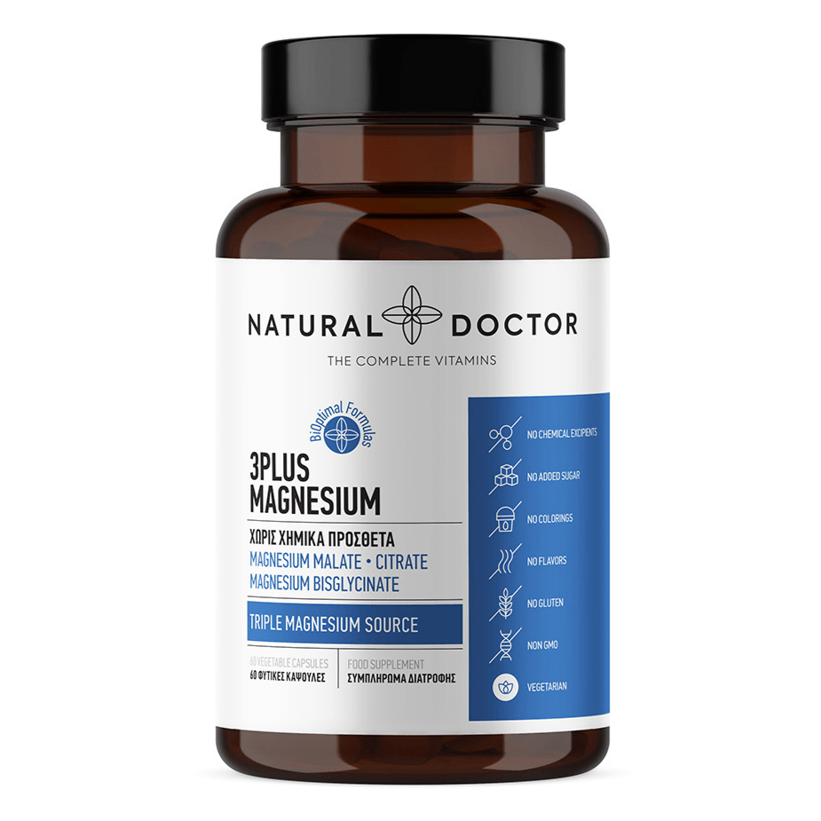 VITAREA Natural Doctor 3plus Magnesium supplement in 60 vegetarian capsules, showing the supplement bottle and label.