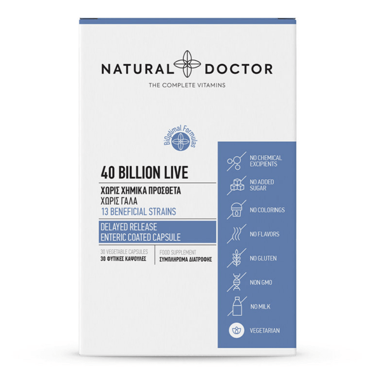 VITAREA Natural Doctor probiotic supplement with 40 billion CFU in 30 veggie capsules, showing the product bottle and capsules.