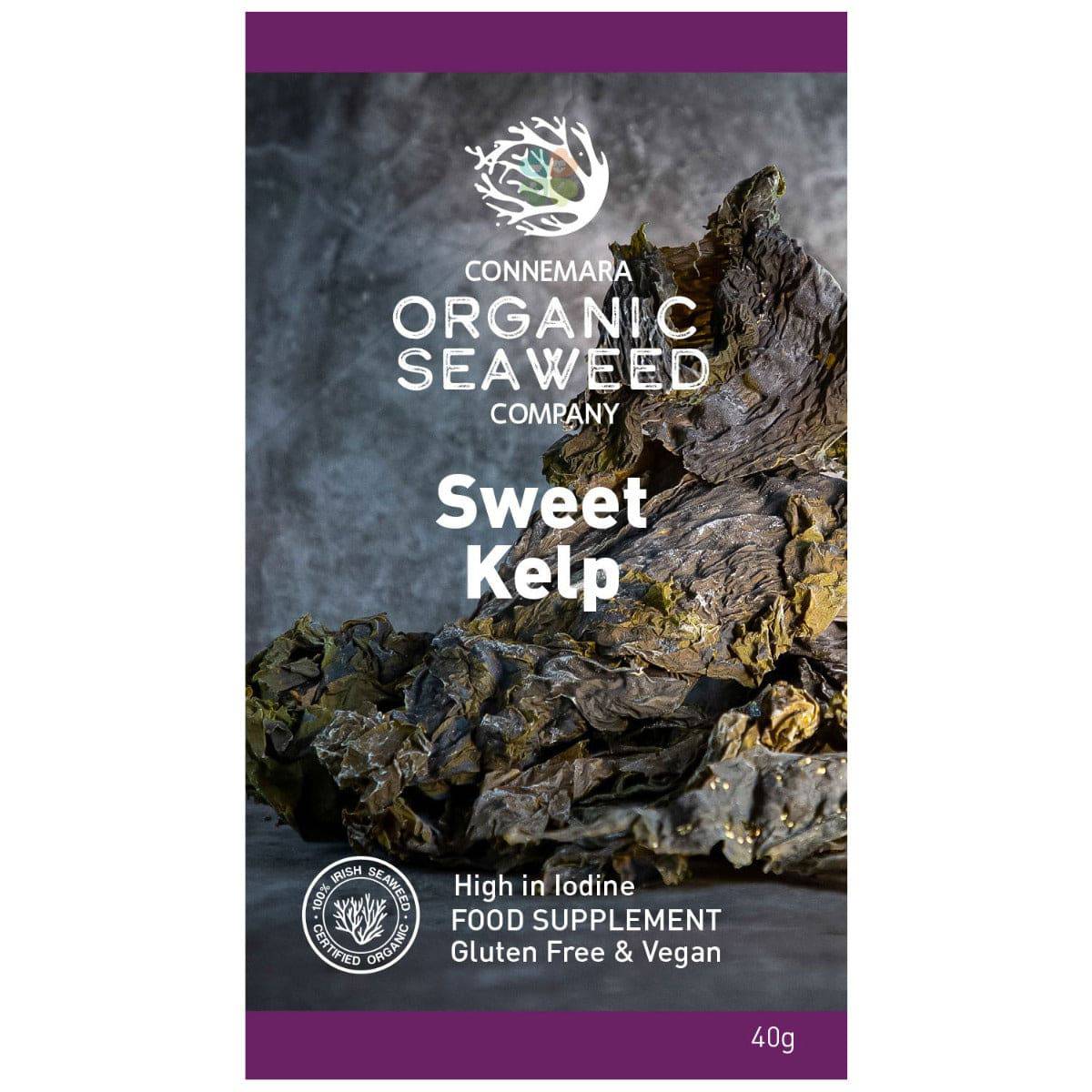 Old Products Connemara BIO Sun Dried Sweet Kelp in 40g package, showing dried kelp strands on a natural background.
