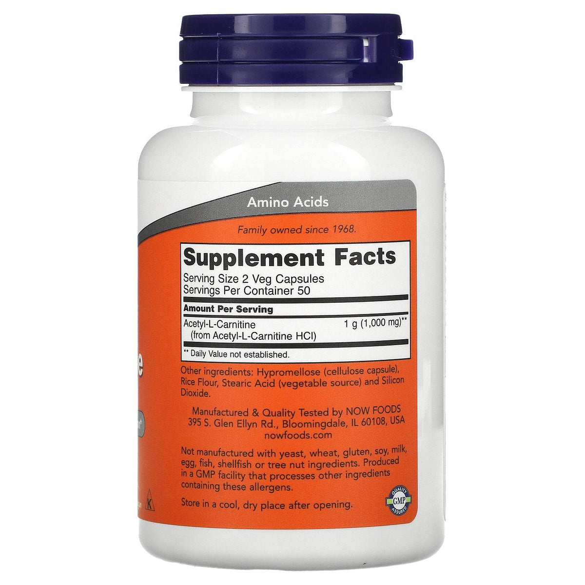 Old Products NOW Foods Acetyl-L-Carnitine 500 mg vegetarian capsules, 100-count, dietary supplement bottle on a white background.