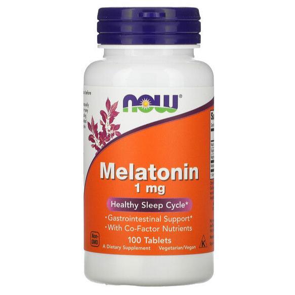 MKSTAVRINOS NOW Foods melatonin supplement, 1 mg, 100 tablets, showing the bottle and tablets on a white background.