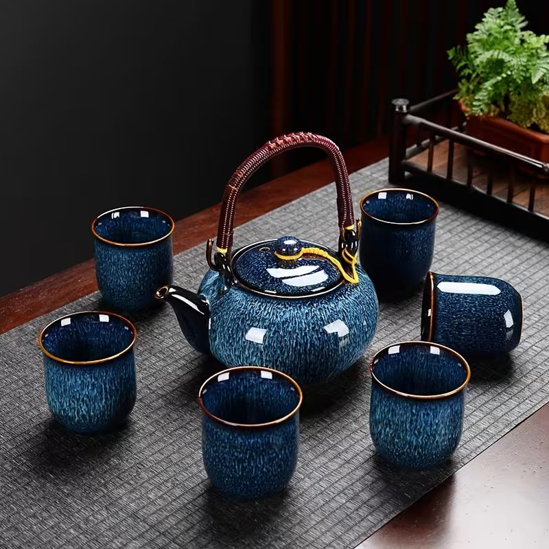 Japanese Kiln-Glazed Porcelain Tea Set – 6 Cups & Teapot with Filter, Dark Blue - GREEN LIFE CYPRUS