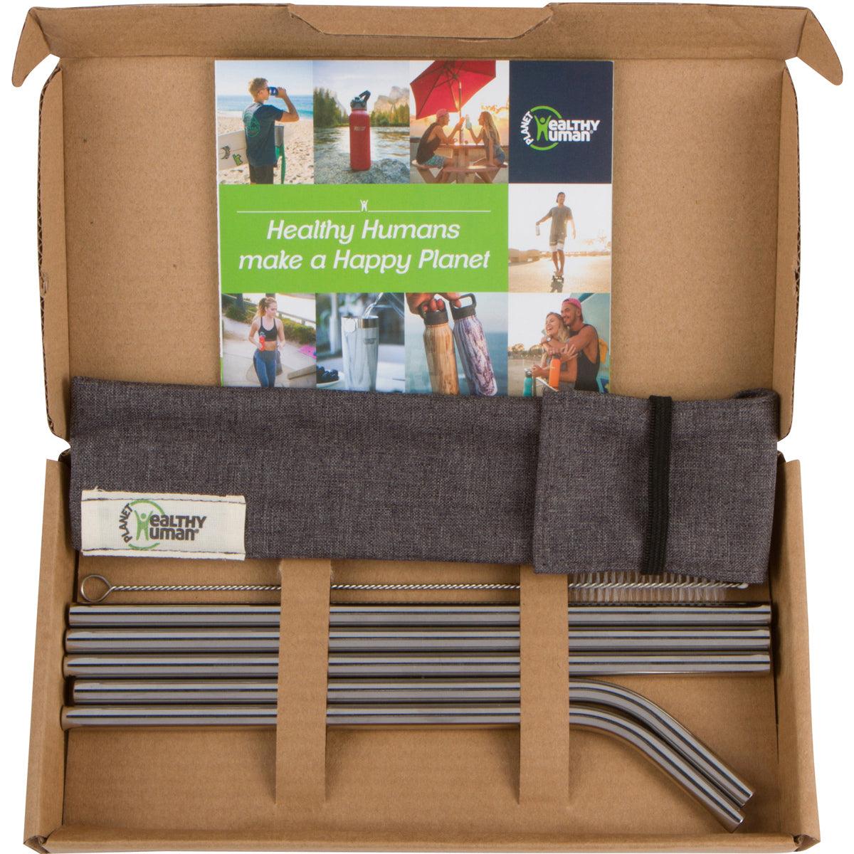 Five-piece Healthy Human straw set in open box, reusable drink accessories for smoothies and beverages.