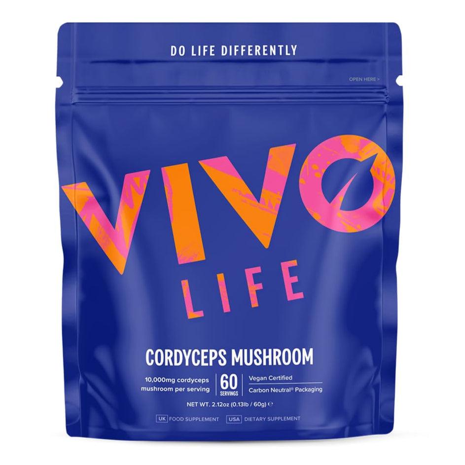 Vivo Life Cordyceps Mushroom Powder supplement jar with label, 60 servings, 10:1 extract, natural health product.