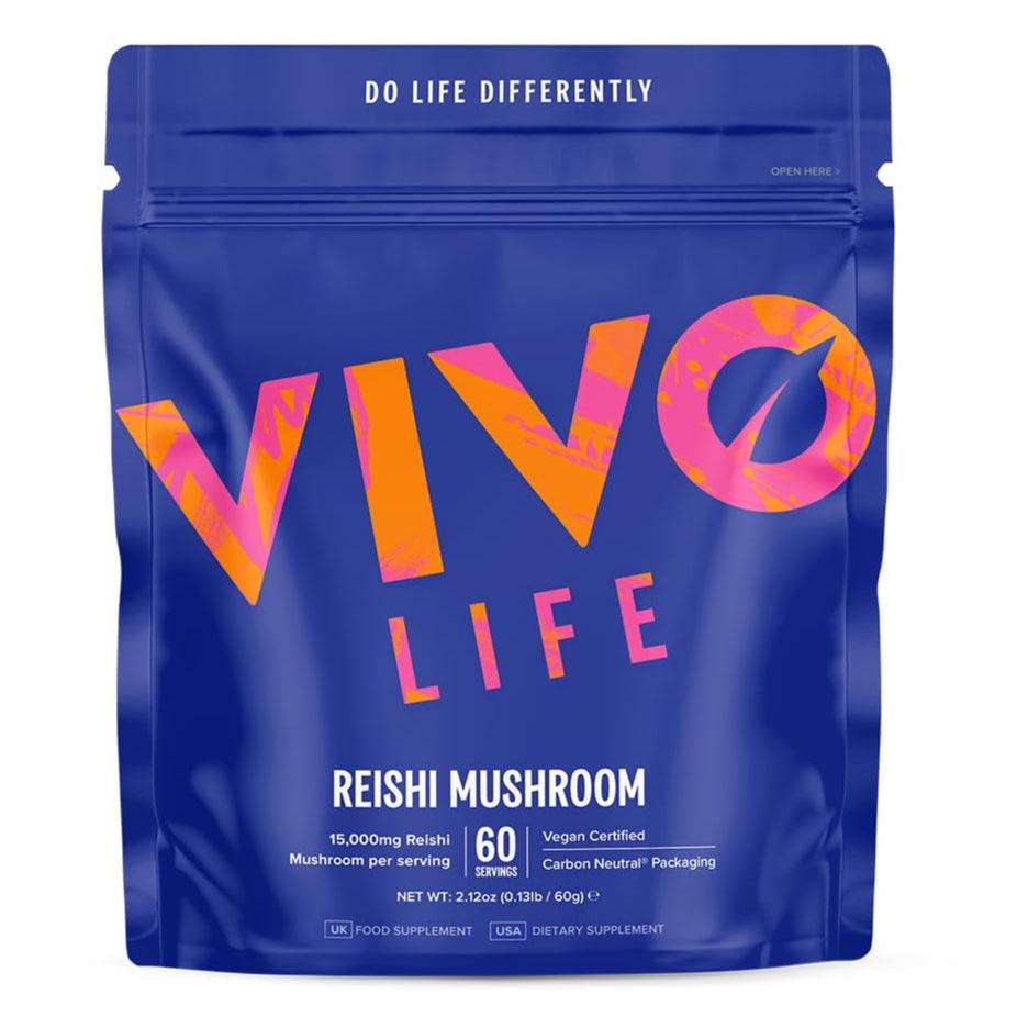 Vivo Life Reishi Mushroom Powder supplement container with label, showing 15:1 extract and 60 servings.