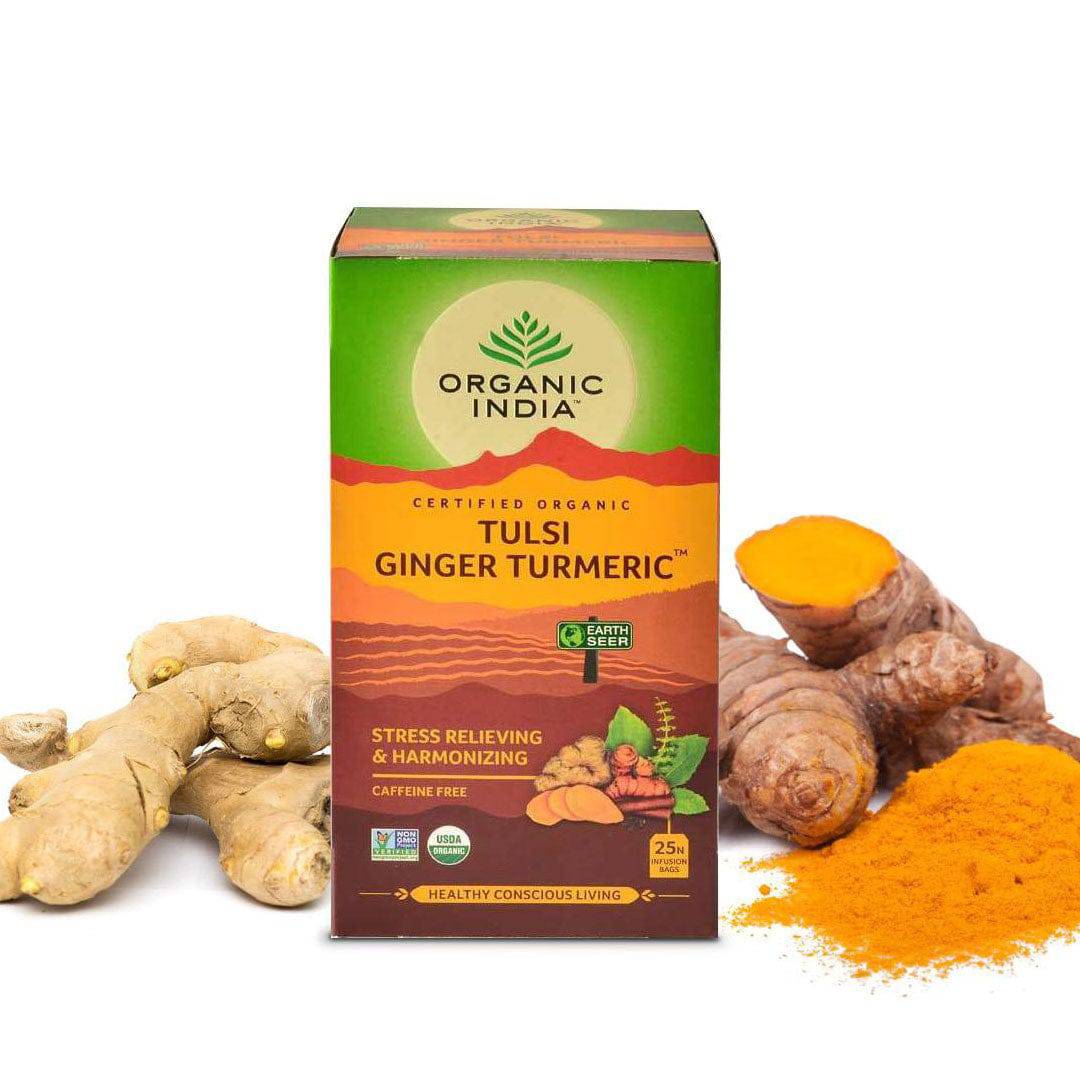 Organic India BIO Tulsi Turmeric Ginger herbal tea in a box with 25 infusion bags, caffeine-free, from Herbalistas.