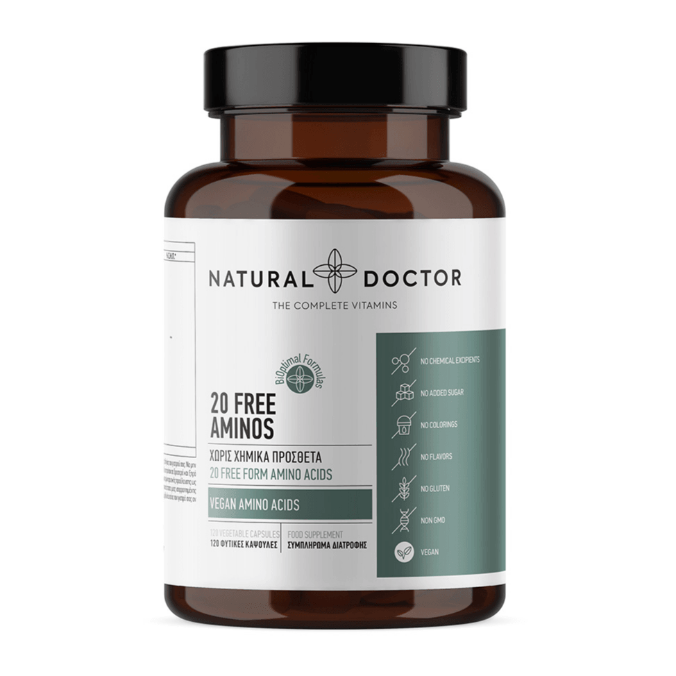 VITAREA Natural Doctor 20 Free Aminos supplement in 120 vegetarian capsules, featuring essential amino acids for health support.