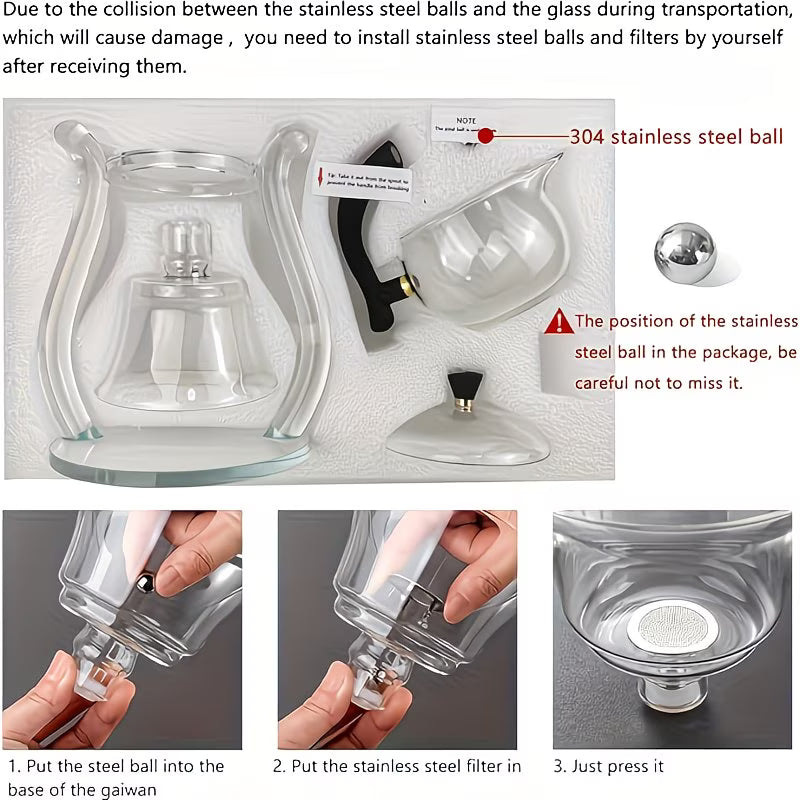 TEMU premium semi-automatic borosilicate glass gongfu tea set with lazy-style teapot and suction brewing system.