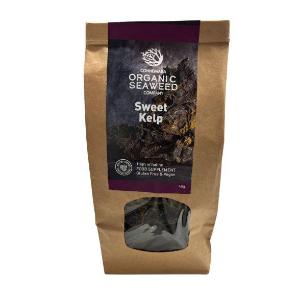 Connemara BIO Sun Dried Sweet Kelp from OLD PRODUCTS, 40g package showing dried kelp seaweed on a natural background.