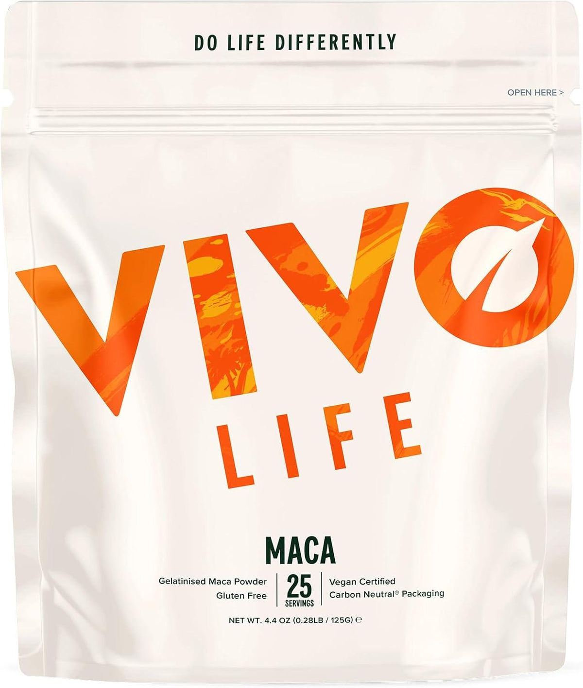 VIVO LIFE MACA Passion & Power supplement in a jar, featuring vibrant packaging with maca root imagery and product branding.