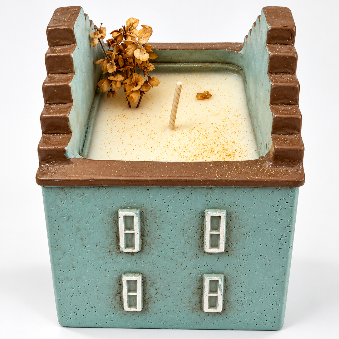 Velarte Little Haven handmade soy wax house candle in wavy blue design, showcasing a cozy, decorative candle for home ambiance.