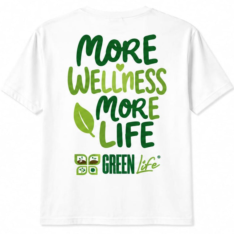 Green Life Cyprus charity edition T-shirt in green with "More Wellness, More Life" slogan, casual fit and eco-friendly design.