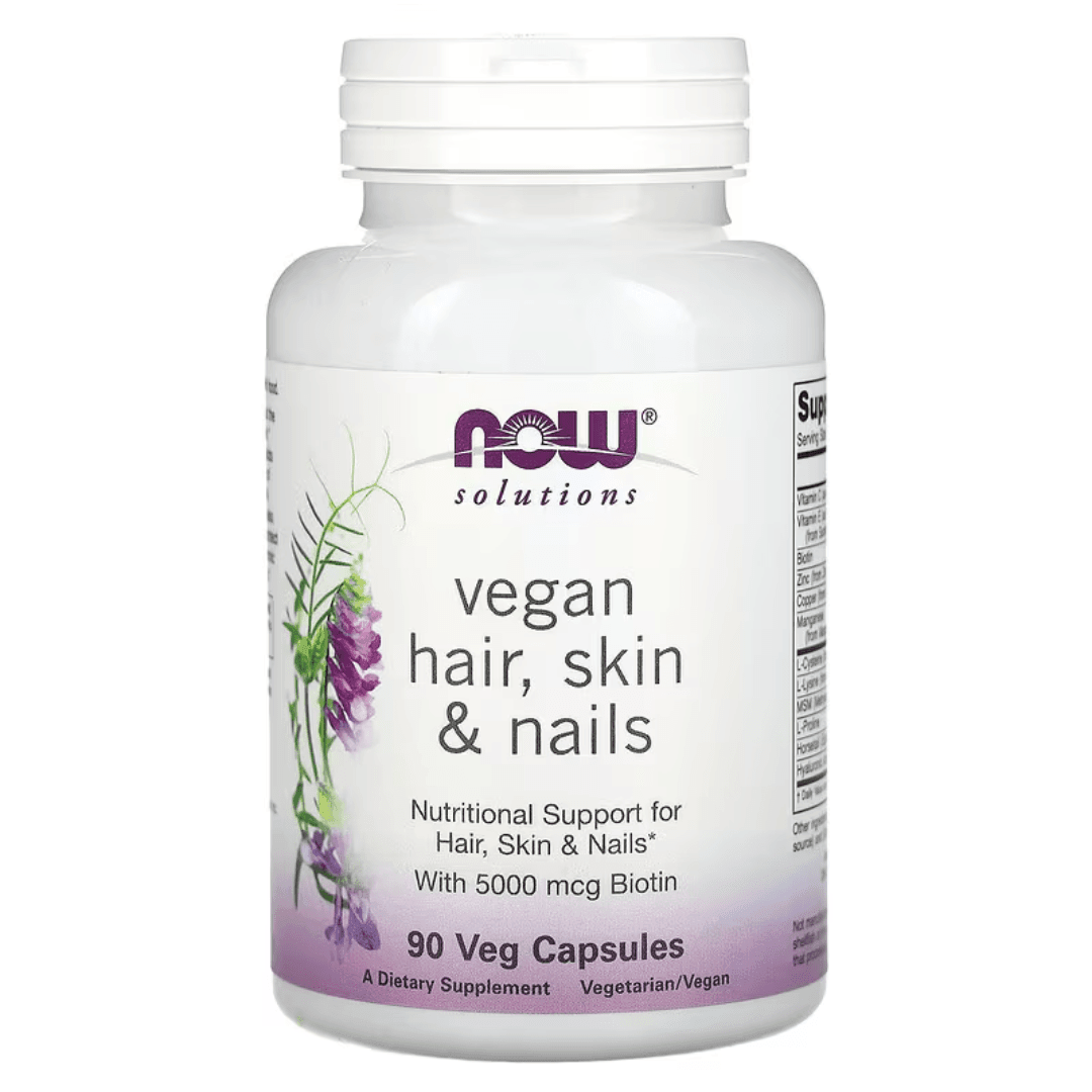 Old Products NOW Foods Vegan Hair, Skin & Nails supplement capsules in a bottle, featuring 90 vegetarian capsules for beauty support.