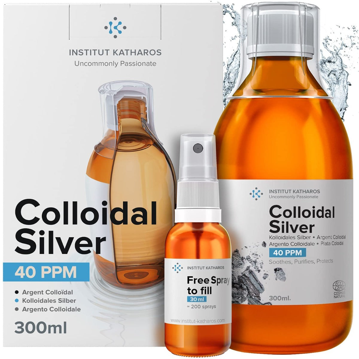 Herbalistas Institut Katharos Premium Colloidal Silver 40ppm hygiene spray bottle, 300mL, clear liquid in a squeeze bottle